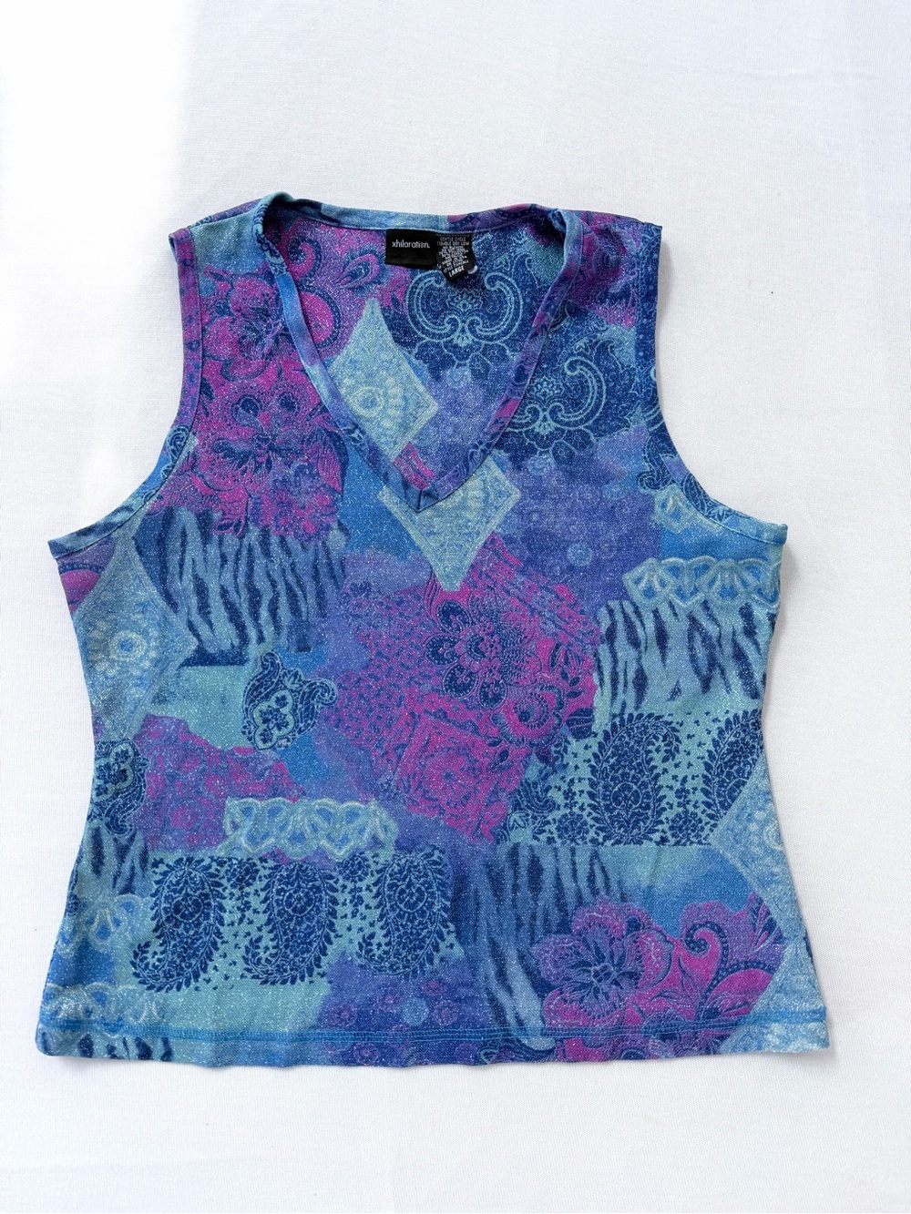 Sleeveless V-Neck Patterned Tank Top - Blue & Purple